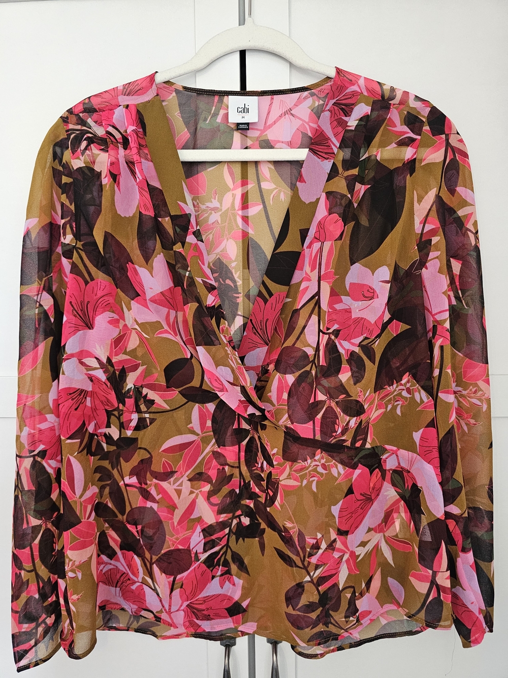Cabi Mia Sheer Chiffon Floral Blouse Pink Gold Fall Long Sleeve M Career Boho
